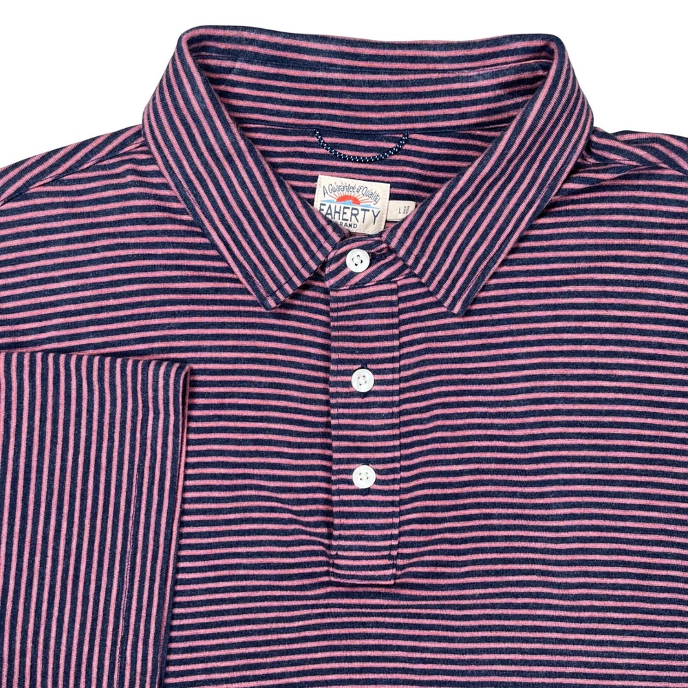 Faherty‎ Polo Shirt Mens Large Pink Navy Striped Short Sleeve Casual Preppy Golf